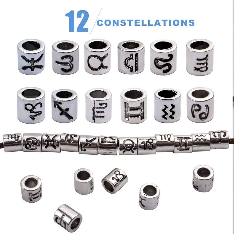 BronaGrand 60pcs Antique Silver Zodiac Spacer Beads Alloy 12 Constellations Tube Beads with Large Hole for Necklace Bracelet,4mm Hole - Image 3