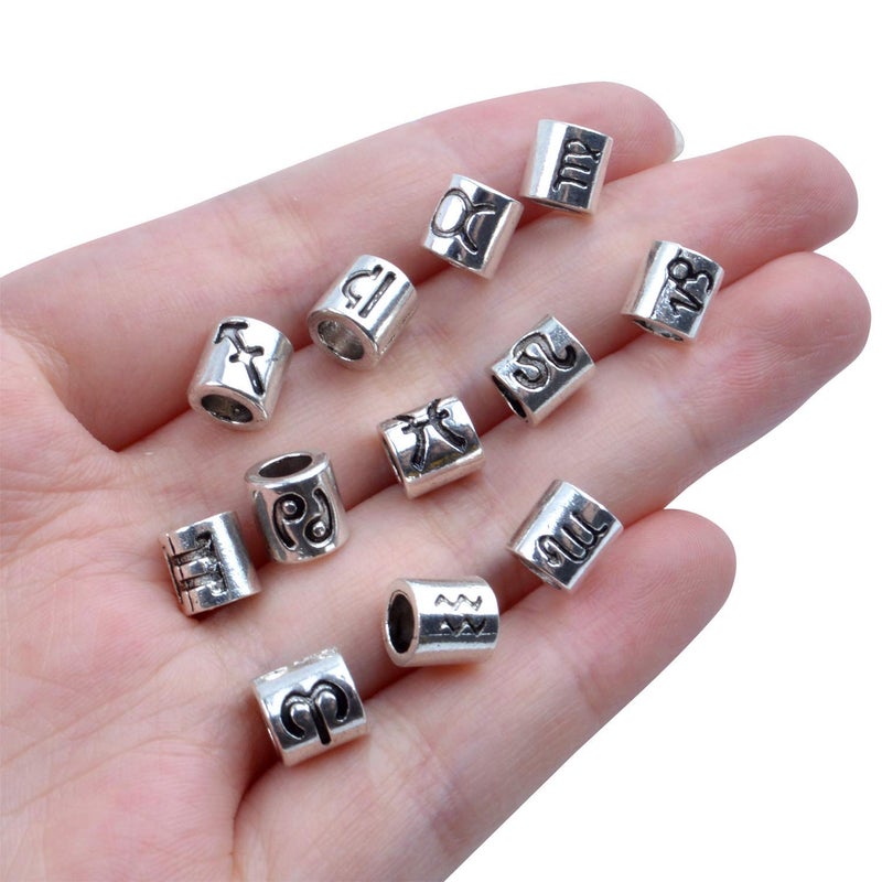 BronaGrand 60pcs Antique Silver Zodiac Spacer Beads Alloy 12 Constellations Tube Beads with Large Hole for Necklace Bracelet,4mm Hole - Image 5