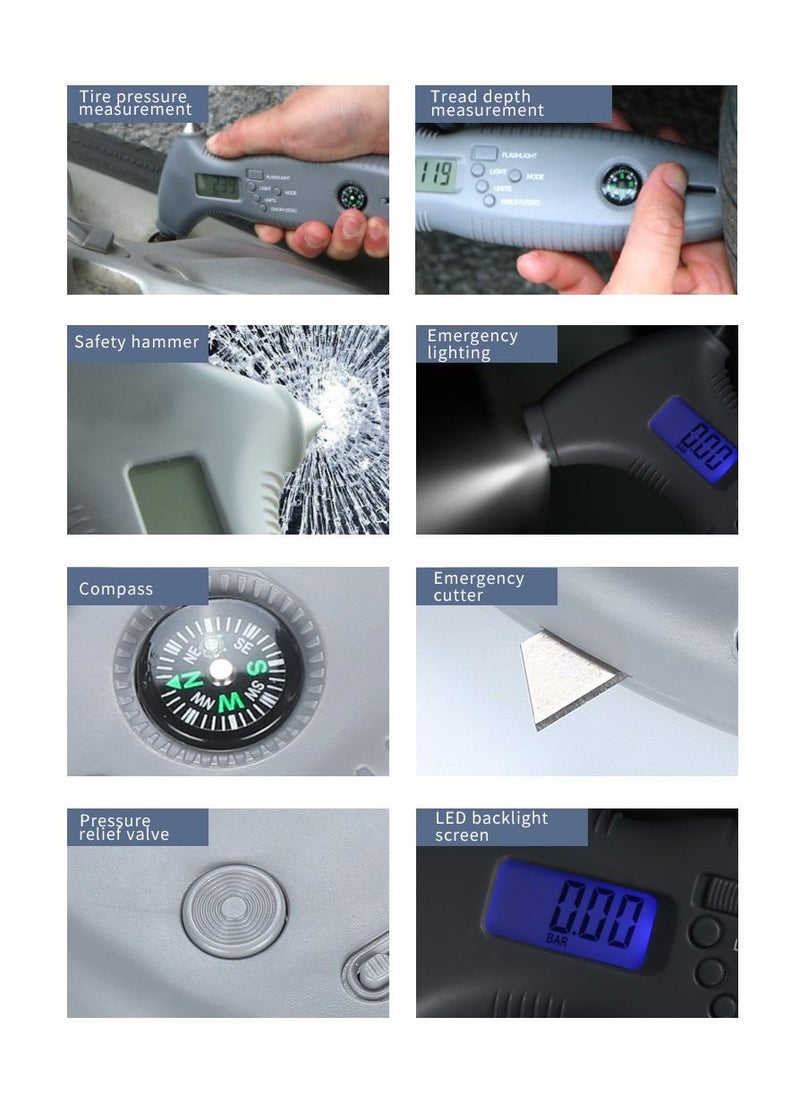 Generic - Digital Tyre Pressure Gauge Safety Hammer Tread Depth Gauge 8 In 1 - Image 1