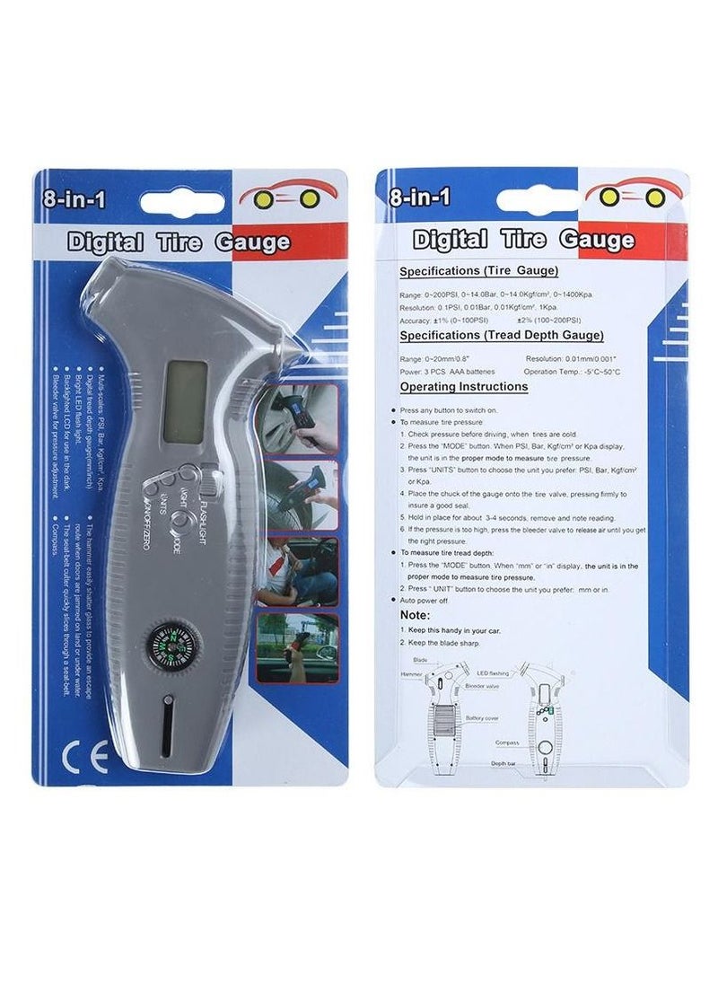 Generic - Digital Tyre Pressure Gauge Safety Hammer Tread Depth Gauge 8 In 1 - Image 1