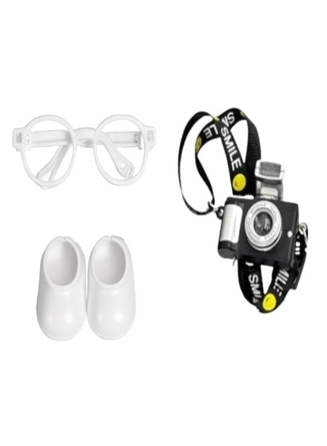 VVQUI 17cm Doll 3-Piece Fashion Accessory Set: Mini Glasses, Camera & Mini Shoes - Perfect for Dress-Up - Mini Costume Supplies (Set of White) - Image 1