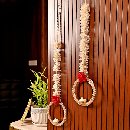 CraftVatika Diwali Decoration Items for Home Decor, Wall Hanging Tealight Candle Holder Set of 4 Latkans Toran for Home Door Wall Decoration, Red Rose Latkan Toran, Diwali Deepawali Gifts - Image 5