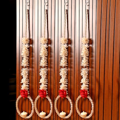 CraftVatika Diwali Decoration Items for Home Decor, Wall Hanging Tealight Candle Holder Set of 4 Latkans Toran for Home Door Wall Decoration, Red Rose Latkan Toran, Diwali Deepawali Gifts - Image 4