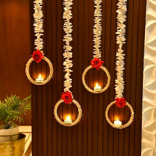 CraftVatika Diwali Decoration Items for Home Decor, Wall Hanging Tealight Candle Holder Set of 4 Latkans Toran for Home Door Wall Decoration, Red Rose Latkan Toran, Diwali Deepawali Gifts - Image 1