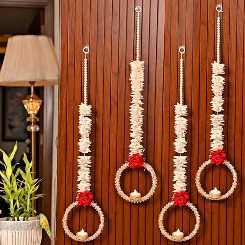CraftVatika Diwali Decoration Items for Home Decor, Wall Hanging Tealight Candle Holder Set of 4 Latkans Toran for Home Door Wall Decoration, Red Rose Latkan Toran, Diwali Deepawali Gifts - Image 2