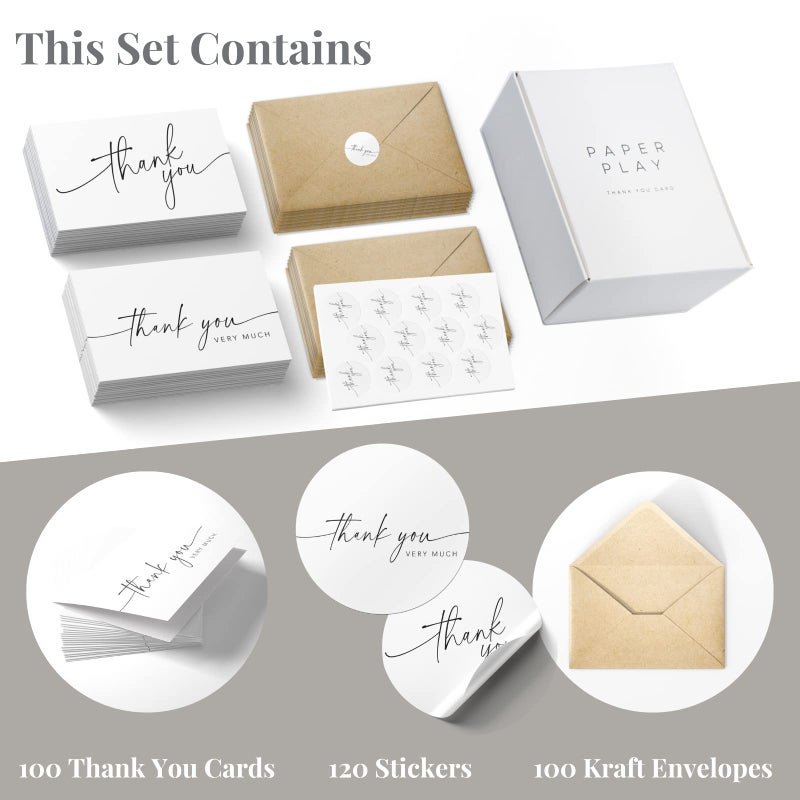 Paper Play Thank You Cards with Envelopes & Matching Stickers, Bulk Pack of 100, 4x6 Inch Minimalistic Design - Suitable for Business, Baby Shower, Wedding, Small Business, Graduation, Bridal Shower, Funeral - Image 2