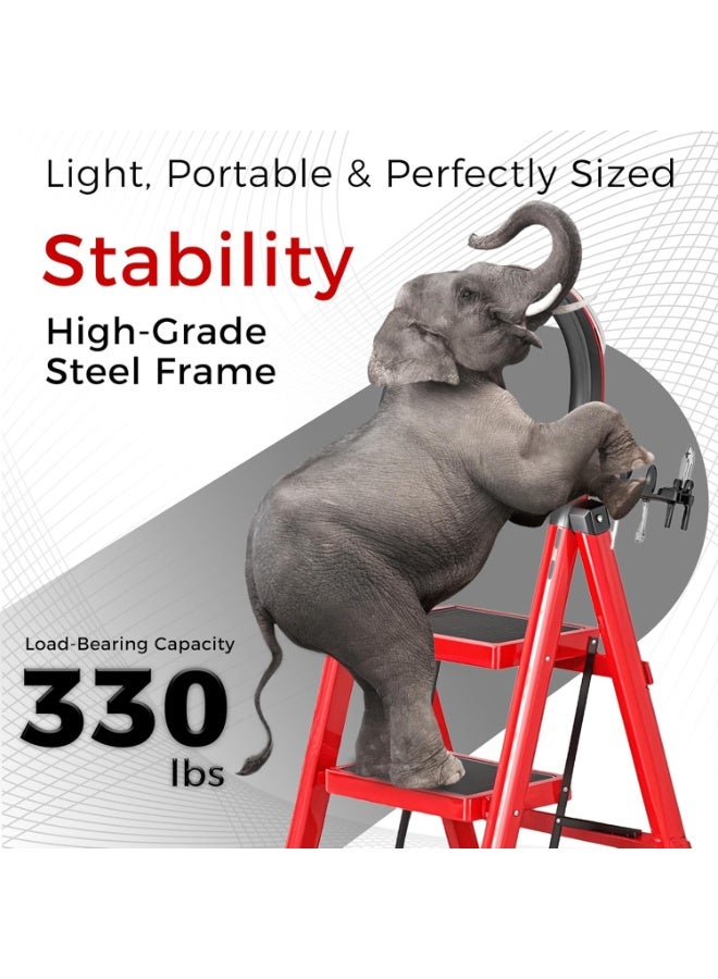 ZERIFAM Folding Step Ladder,  Steel Folding Step Stool with Tool Rack, Heavy Sturdy Steel Step Stool with Anti-Slip Wide Pedals, Safe-Lock Design, Portable Ladder for Home,Office,Kitchen,Garden - Image 3