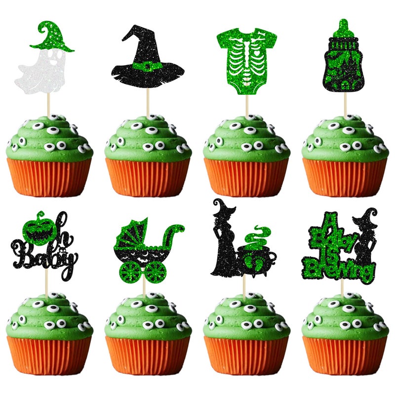 Ephlyn 24Pcs Halloween Oh Baby Cupcake Toppers A Baby is Brewing Cupcake Picks Witch Hat Pumpkin Ghost Cake Decorations for Happy Halloween Theme Party Baby Shower Birthday Party Supplies Green - Image 1