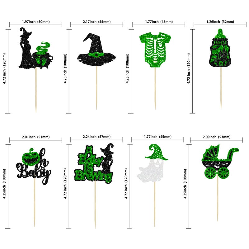 Ephlyn 24Pcs Halloween Oh Baby Cupcake Toppers A Baby is Brewing Cupcake Picks Witch Hat Pumpkin Ghost Cake Decorations for Happy Halloween Theme Party Baby Shower Birthday Party Supplies Green - Image 2