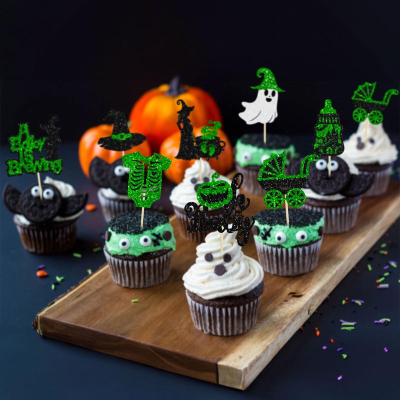 Ephlyn 24Pcs Halloween Oh Baby Cupcake Toppers A Baby is Brewing Cupcake Picks Witch Hat Pumpkin Ghost Cake Decorations for Happy Halloween Theme Party Baby Shower Birthday Party Supplies Green - Image 5