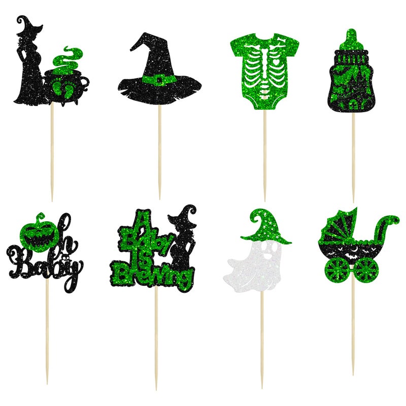 Ephlyn 24Pcs Halloween Oh Baby Cupcake Toppers A Baby is Brewing Cupcake Picks Witch Hat Pumpkin Ghost Cake Decorations for Happy Halloween Theme Party Baby Shower Birthday Party Supplies Green - Image 3
