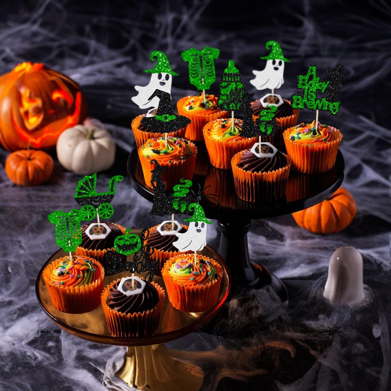Ephlyn 24Pcs Halloween Oh Baby Cupcake Toppers A Baby is Brewing Cupcake Picks Witch Hat Pumpkin Ghost Cake Decorations for Happy Halloween Theme Party Baby Shower Birthday Party Supplies Green - Image 4