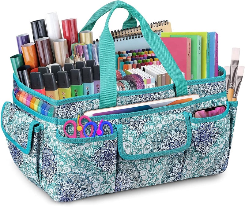 FINPAC Large Craft Storage Tote Bag with Multiple Pockets, Scrapbooking Carrying Case Storage Caddy with Handle for Sewing, Art, Desktop, Baby Care Supplies (Emerald Illusions) - Image 1