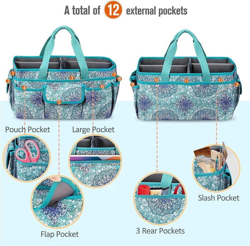 FINPAC Large Craft Storage Tote Bag with Multiple Pockets, Scrapbooking Carrying Case Storage Caddy with Handle for Sewing, Art, Desktop, Baby Care Supplies (Emerald Illusions) - Image 3