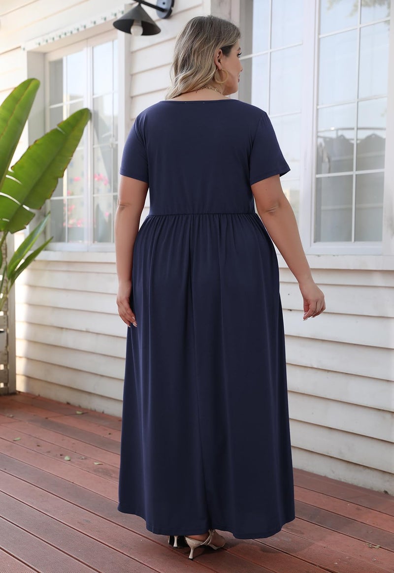 Nemidor Plus Size Maxi Dresses for Curvy Women Summer Casual Loose Short Sleeve Long Beach Dress with Pocket(149,22,Navy) - Image 2