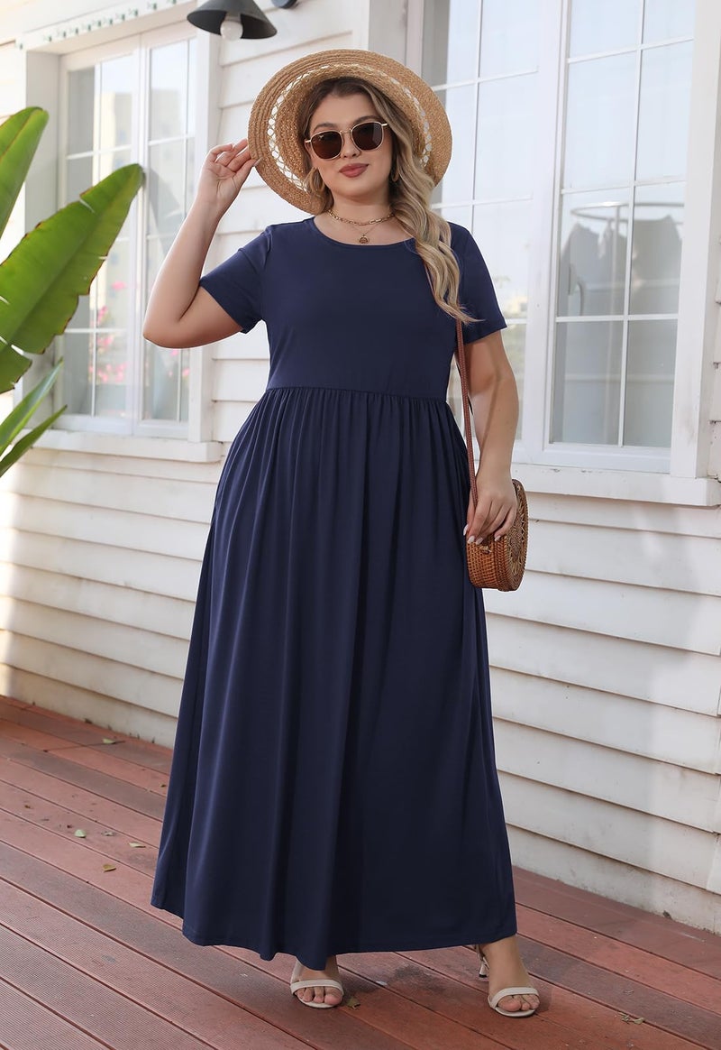 Nemidor Plus Size Maxi Dresses for Curvy Women Summer Casual Loose Short Sleeve Long Beach Dress with Pocket(149,22,Navy) - Image 4