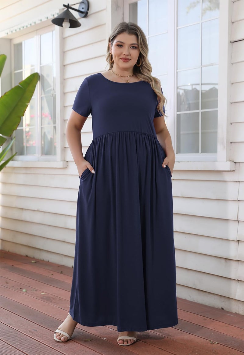 Nemidor Plus Size Maxi Dresses for Curvy Women Summer Casual Loose Short Sleeve Long Beach Dress with Pocket(149,22,Navy) - Image 3