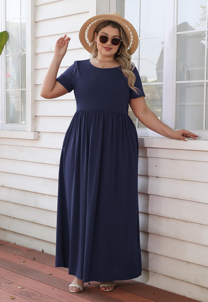 Nemidor Plus Size Maxi Dresses for Curvy Women Summer Casual Loose Short Sleeve Long Beach Dress with Pocket(149,22,Navy) - Image 5