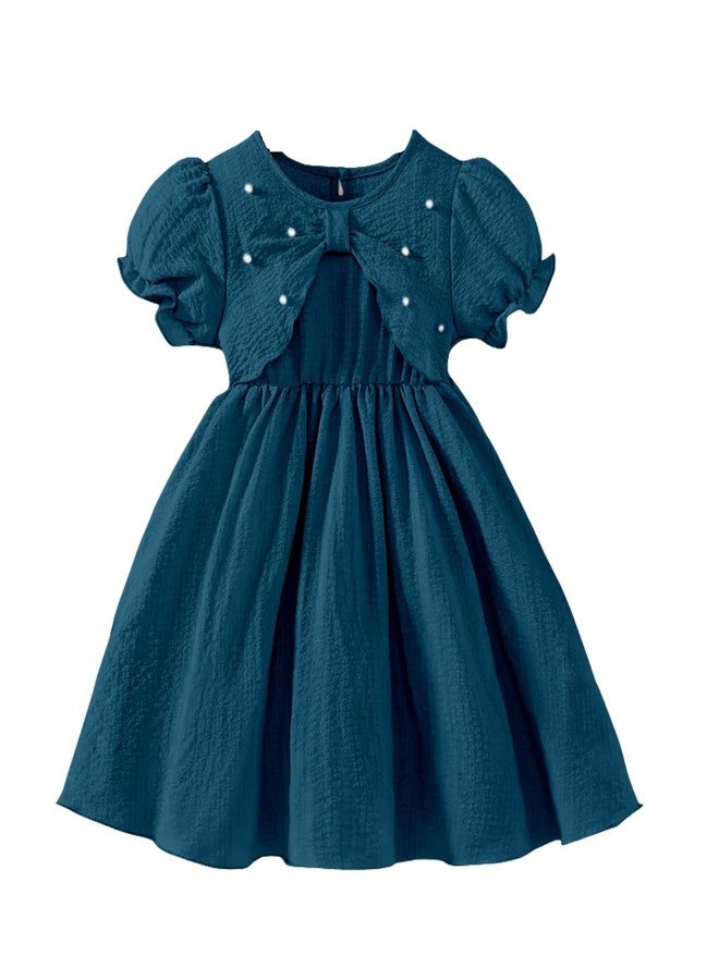 MENSBIT Girl Party Dress Pink Puff Sleeve Dress with Bow & Pearl (Teal-12-24 M) - Image 1
