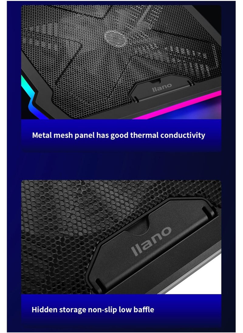 llano - Portable 12-17 Inch Laptop Cooler Fan All-round RGB Light Notebook Cooling Pad With Adjustable Wind Speed Height - Image 1