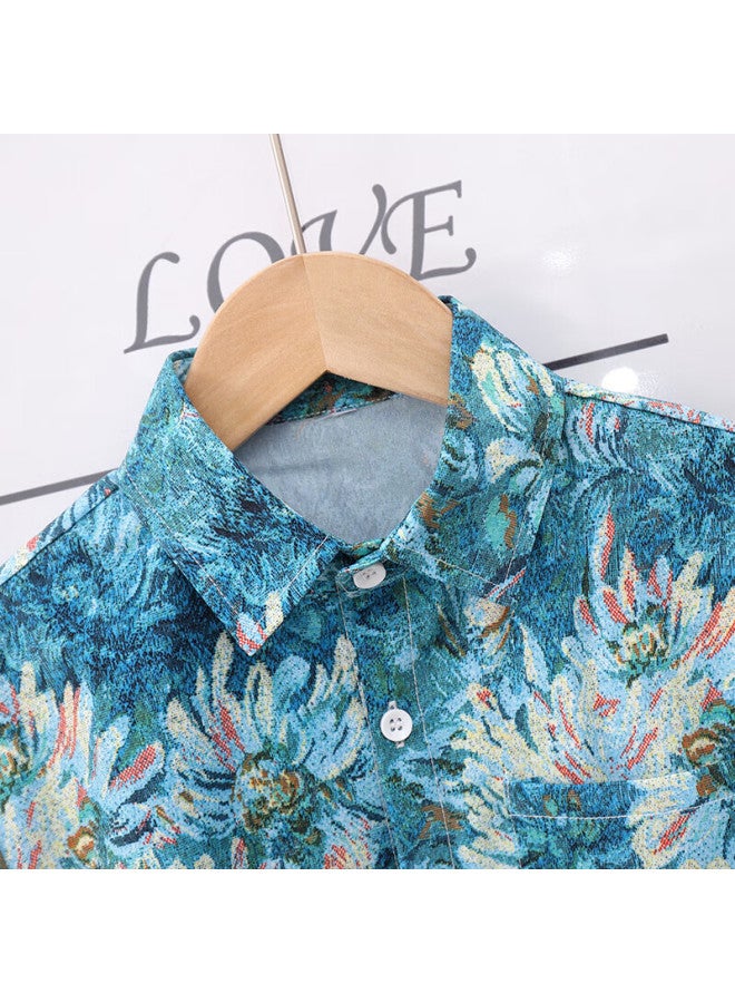 Luobobeibei Boys' Short-sleeve Shirt, Printed Shirt, Beach Vacation Wear, Formal Wear, Back-to Wear, Blue, Size 110 - Image 4