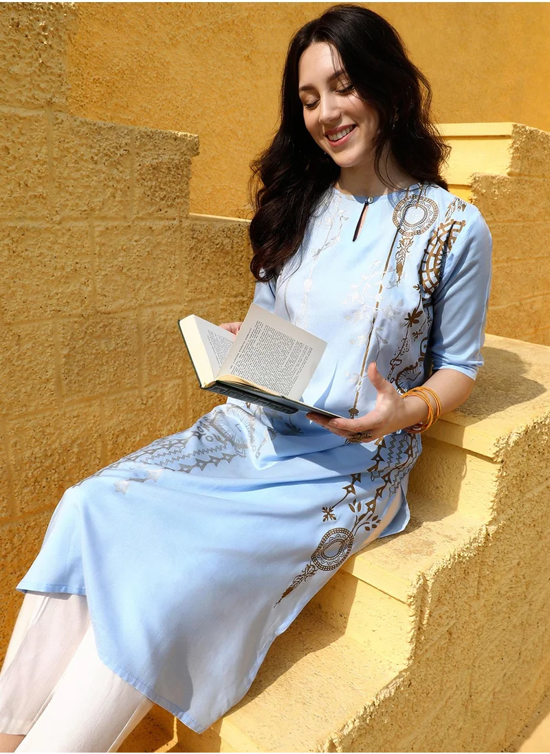 QISSA Women's Icy Blue Dreamcatcher Print Kurta With Chalk White Trousers Set