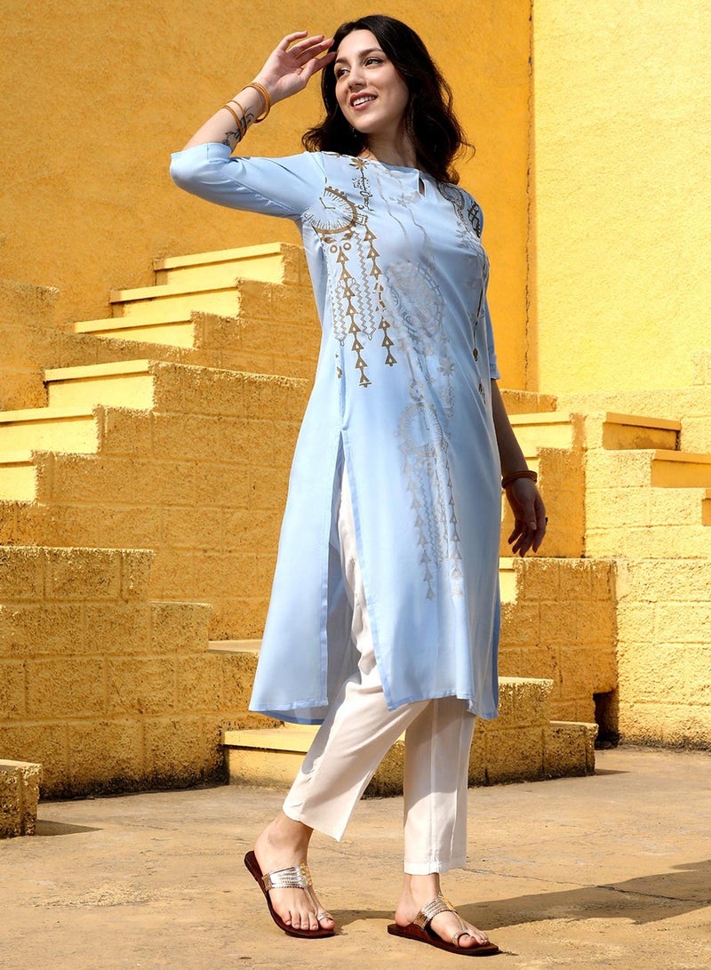  قصة Women's Icy Blue Dreamcatcher Print Kurta With Chalk White Trousers Set  - Image 3