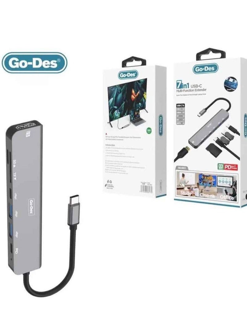 GO-DES 7-In-1 Multiport Usb C Hub (With 4K Hdmi, Usb-C, 2 X Usb A, 3.5mm Audio, Sd 3.0 Slot, And Micro-Sd 3.0 For Macbook Pro, Macbook Air, Ipad Pro, Xps And More  - Image 1