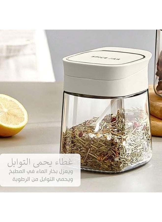 سبيس شوب مجموعة مرطبانات توابل زجاجية - حاويات تخزين مطبخ فاخرة سعة 300 مل مع غطاء محكم وملعقة، مرطبانات توابل كبيرة السعة للمطبخ المنزلي، أغطية بيضاء، تخزين زجاجي متين للأعشاب والتوابل - Image 5