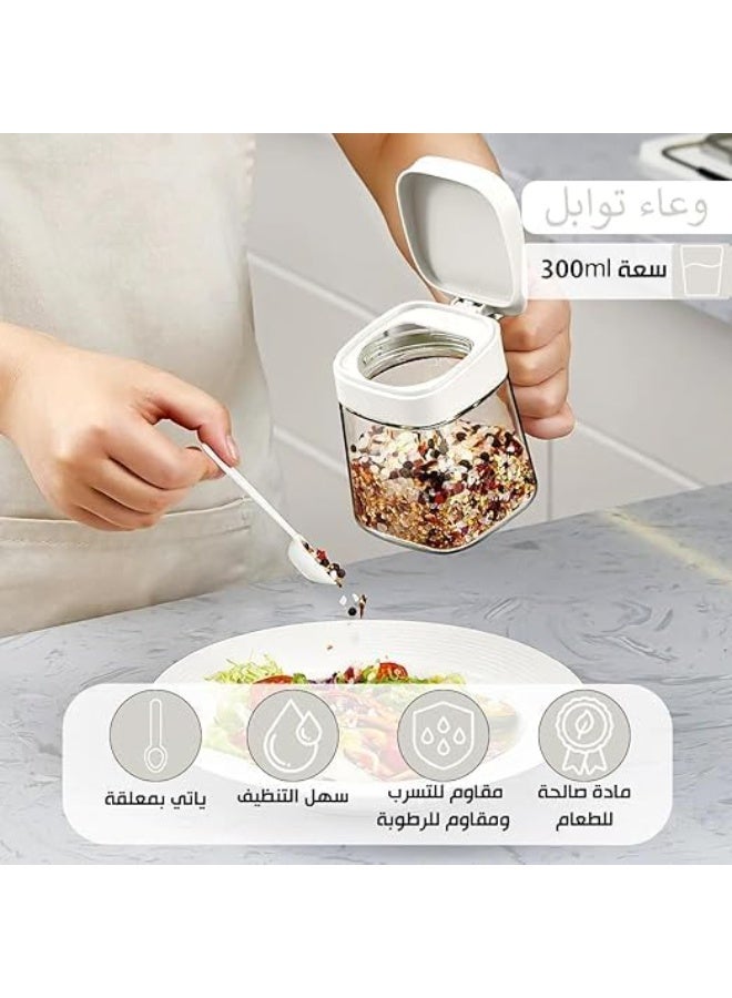 سبيس شوب مجموعة مرطبانات توابل زجاجية - حاويات تخزين مطبخ فاخرة سعة 300 مل مع غطاء محكم وملعقة، مرطبانات توابل كبيرة السعة للمطبخ المنزلي، أغطية بيضاء، تخزين زجاجي متين للأعشاب والتوابل - Image 2