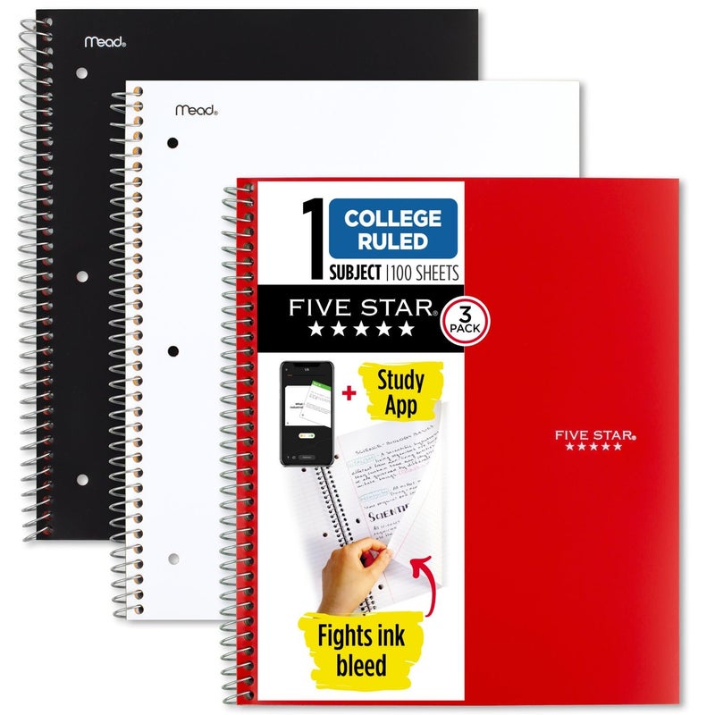 Five Star Spiral Notebooks + Study App, 3 Pack, 1 Subject, College Ruled Paper, Pockets, 100 Sheets, Home School Supplies for College Student or K-12, 11” x 8-1/2", Black, White & Red (73055) - Image 1