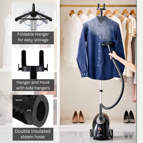 SALAV GS18-DJ Standing Garment Steamer with Roll Wheels for Easy Movement, 1.8L Water Tank for 1 Hour Continuous Steaming, Adjustable Pole for Storage, Includes Descaler Packet, 1500 watts - Image 2