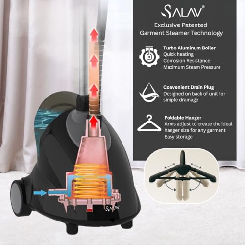 SALAV GS18-DJ Standing Garment Steamer with Roll Wheels for Easy Movement, 1.8L Water Tank for 1 Hour Continuous Steaming, Adjustable Pole for Storage, Includes Descaler Packet, 1500 watts - Image 4