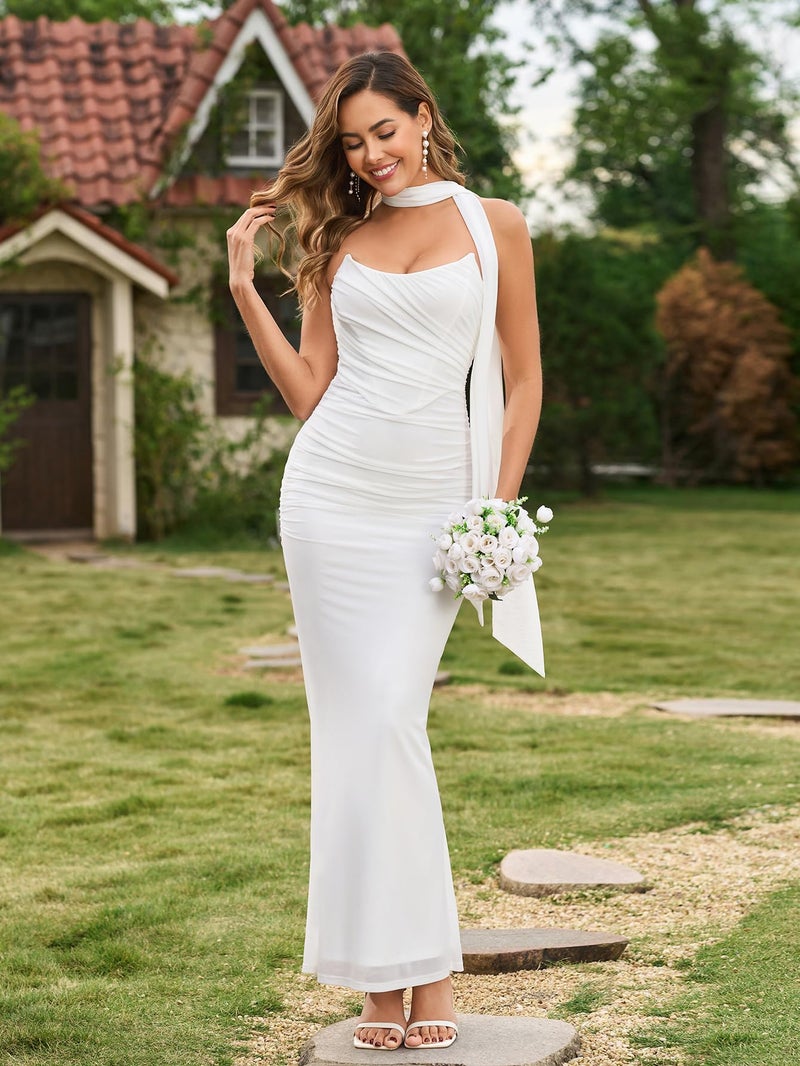 EYNMIN Corset Maxi Wedding Guest Dresses for Women with Scarf Strapless Tube Elegant Bodycon Ruched Mesh Long Formal Dress White - Image 2