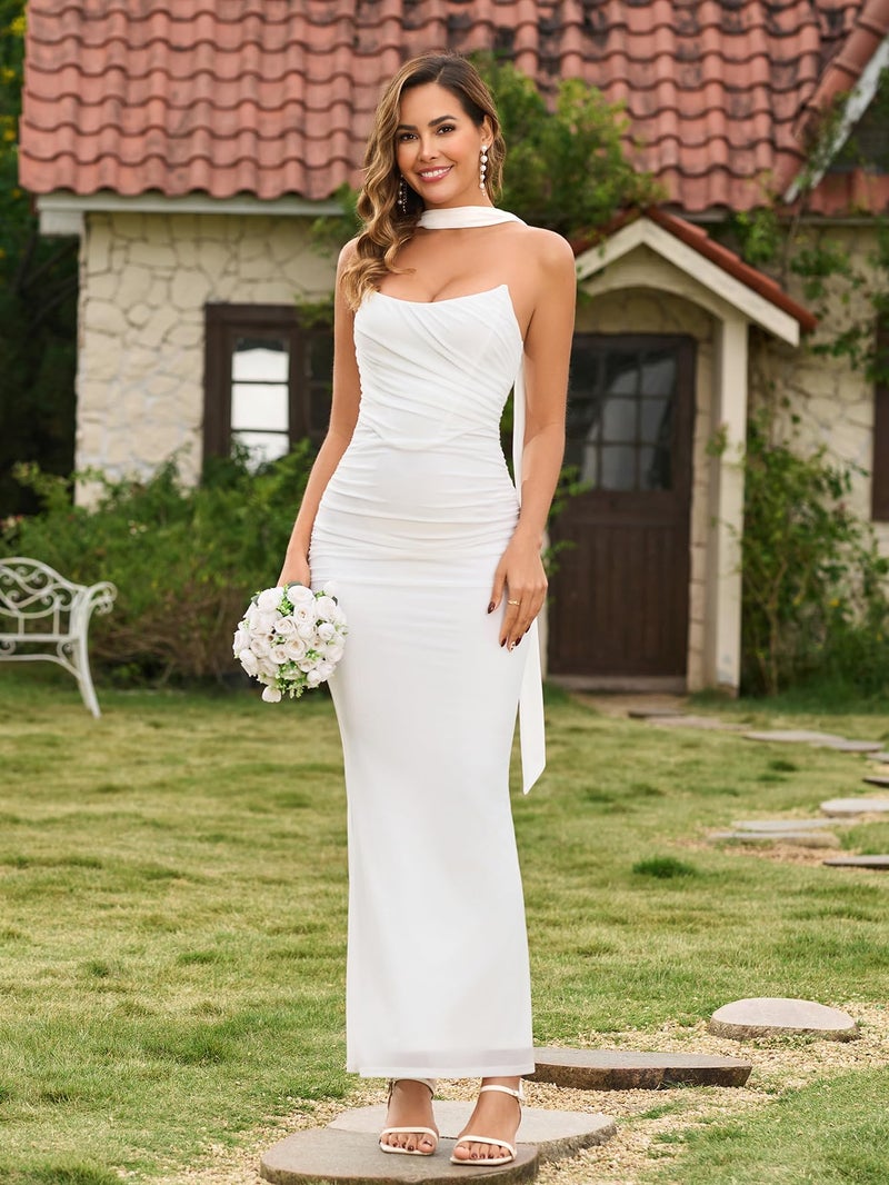 EYNMIN Corset Maxi Wedding Guest Dresses for Women with Scarf Strapless Tube Elegant Bodycon Ruched Mesh Long Formal Dress White - Image 5
