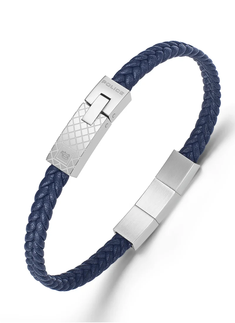 بوليس Police Intersect Navy Blue Leather Stainless Steel Gents Bracelet