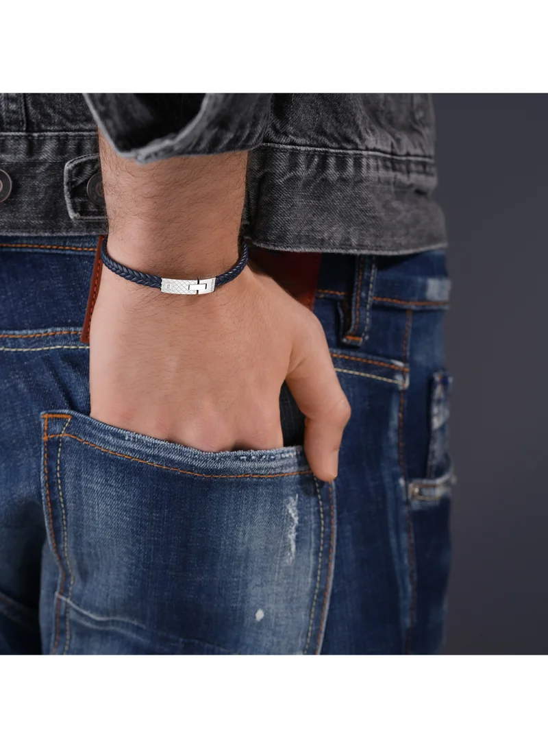 POLICE Intersect Navy Blue Leather Stainless Steel Gents Bracelet