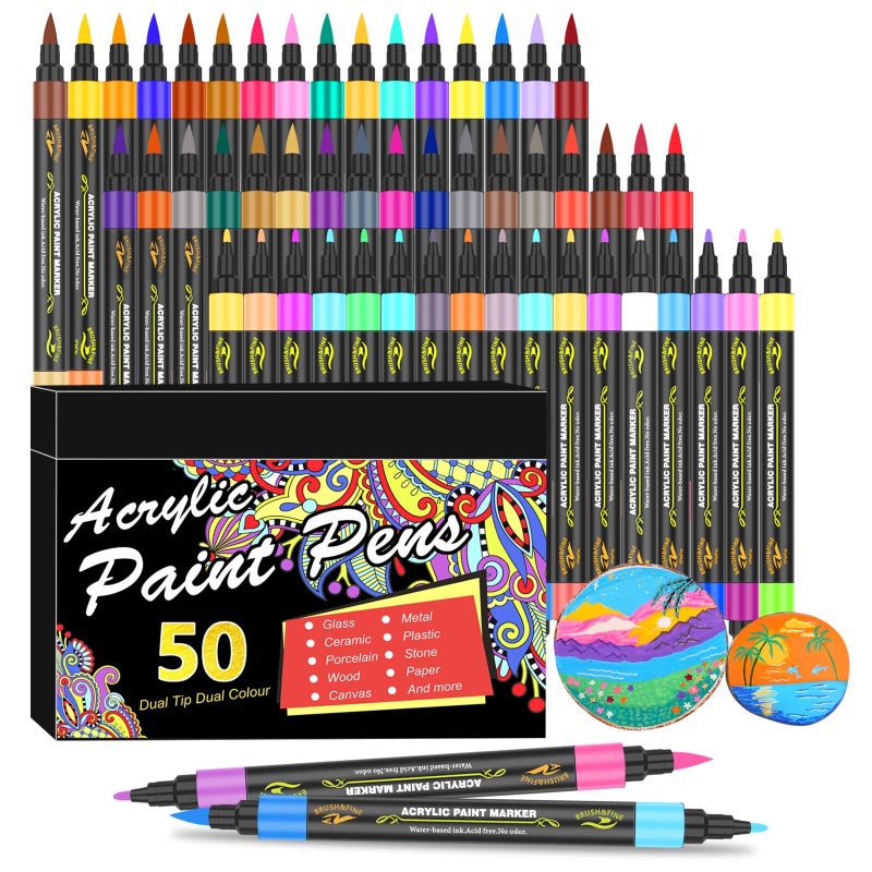 Amamao 100 Colors Acrylic Paint Markers Pens Set,50 Pack Dual Tip Acrylic Paint Markers with Brush Tip and Fine Tip for Rock Painting Fabric Plastic Wood Canvas Stone Glass Paper DIY Craft Supplies - Image 1
