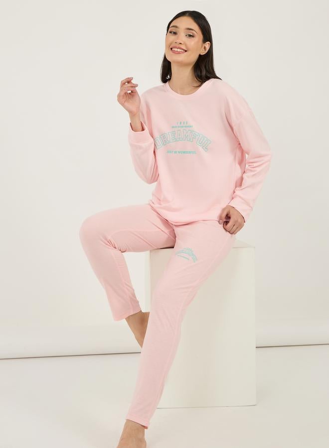 Styli Graphic Print Drop Shoulder Longline Sweatshirt & Leggings Set  - Image 1