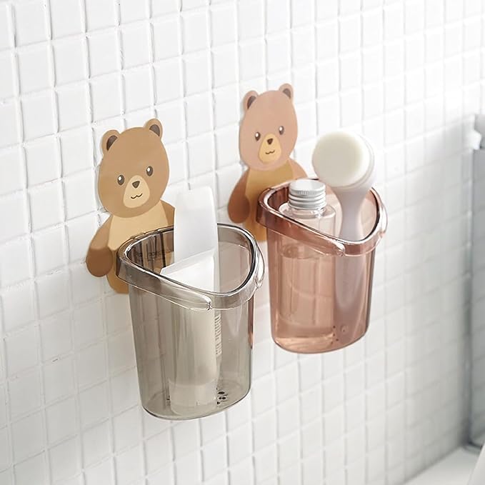 black sparrow black sparrow Toothbrush Holder Plastic Stand for Toothpaste Adhesive Toothbrush Holder Cream, Lotion Kids Bathroom Cup Drain Waterproof Self-Adhesive, Teddy Bear - Image 4
