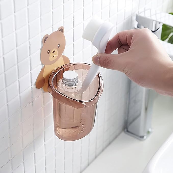 black sparrow black sparrow Toothbrush Holder Plastic Stand for Toothpaste Adhesive Toothbrush Holder Cream, Lotion Kids Bathroom Cup Drain Waterproof Self-Adhesive, Teddy Bear - Image 2
