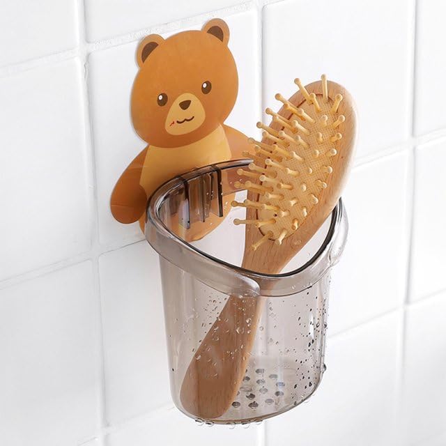 black sparrow black sparrow Toothbrush Holder Plastic Stand for Toothpaste Adhesive Toothbrush Holder Cream, Lotion Kids Bathroom Cup Drain Waterproof Self-Adhesive, Teddy Bear - Image 1