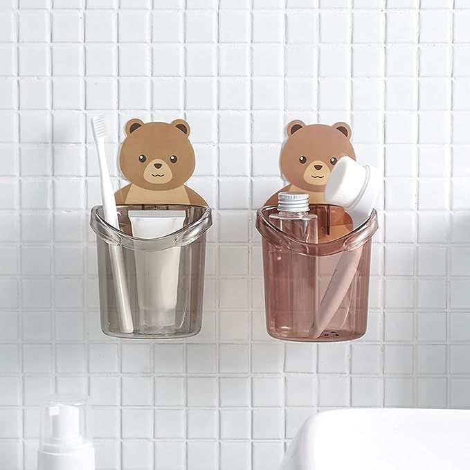black sparrow black sparrow Toothbrush Holder Plastic Stand for Toothpaste Adhesive Toothbrush Holder Cream, Lotion Kids Bathroom Cup Drain Waterproof Self-Adhesive, Teddy Bear - Image 5