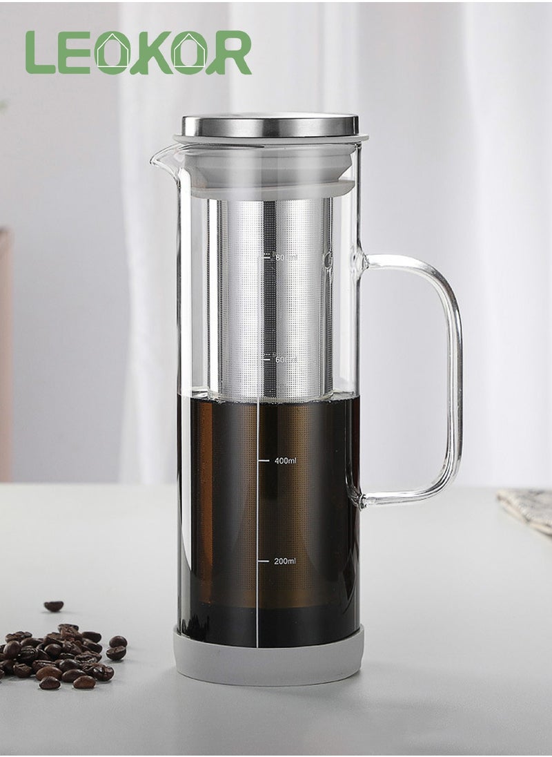LEOKOR Glass Coffee Cold Brew Maker Jug with Tick Marks Stainless Steel Filter Ice Brewed Coffee Tea Infuser Pot with Handle 800ML  - Image 1