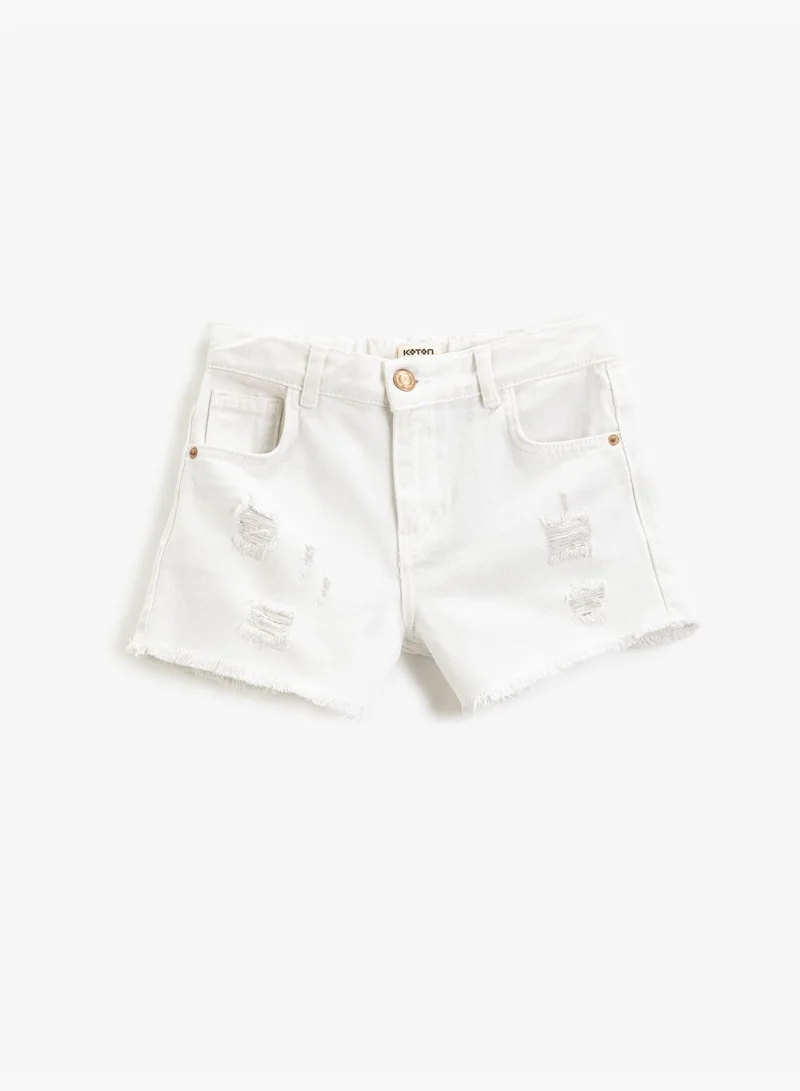 KOTON Jean Shorts Pockets Ripped Detail Tasseled Cotton