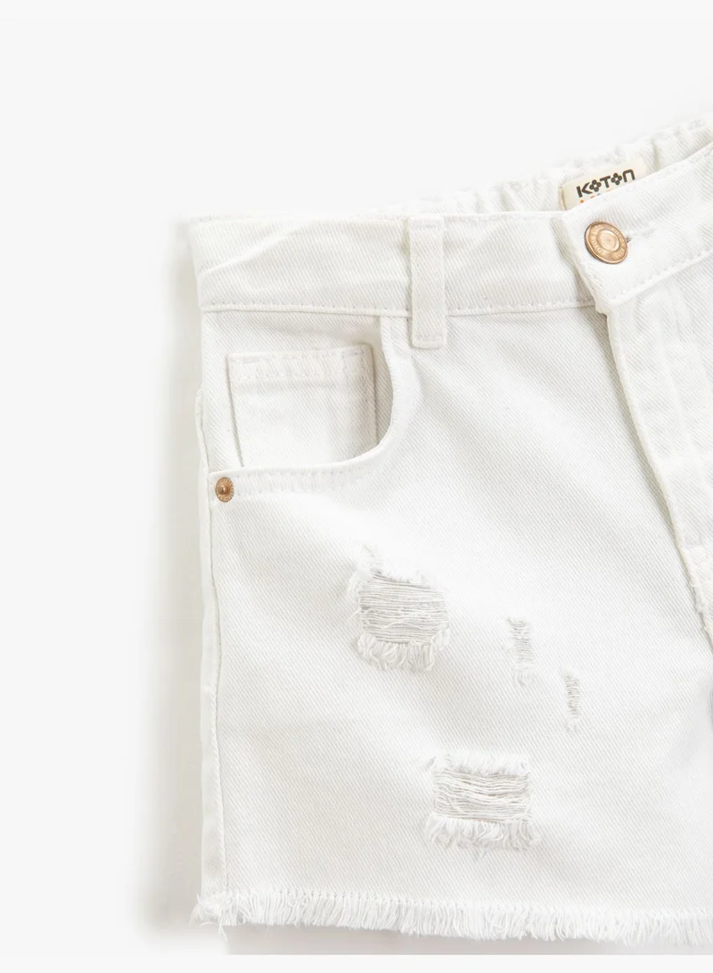 KOTON Jean Shorts Pockets Ripped Detail Tasseled Cotton