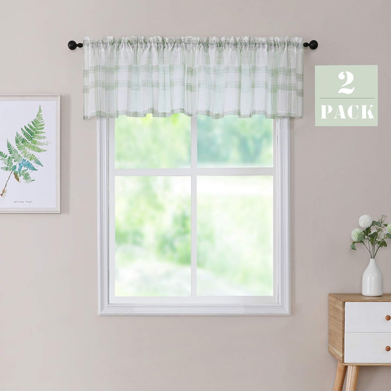 Randall White Green Check Linen Caf Valance Curtain for Living Room SemiSheer Rod Pocket Classic Country Farmhouse Style Window Curtain Treatment 2 Panels 54in x18in Sage Green