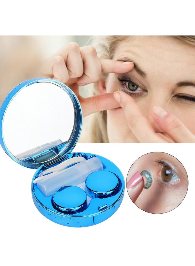 Portable Round Reflective Contact Lenses Storage Box Case Container Holder (Blue)