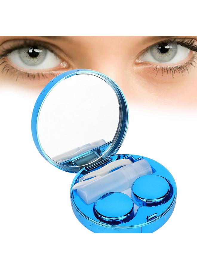 Portable Round Reflective Contact Lenses Storage Box Case Container Holder (Blue)