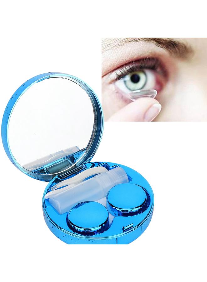 Portable Round Reflective Contact Lenses Storage Box Case Container Holder (Blue)